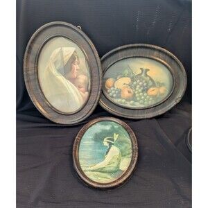 Three (3) Oval Tin Metal Faux Tiger Wood Picture Frames Mother Child Fruit Woman